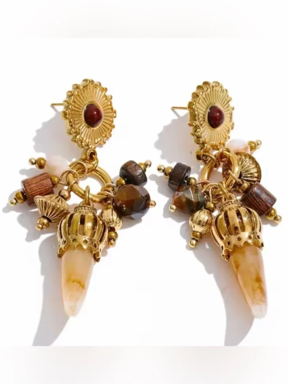 Vintage Gold Drop Earrings with Brown and Cream Accents